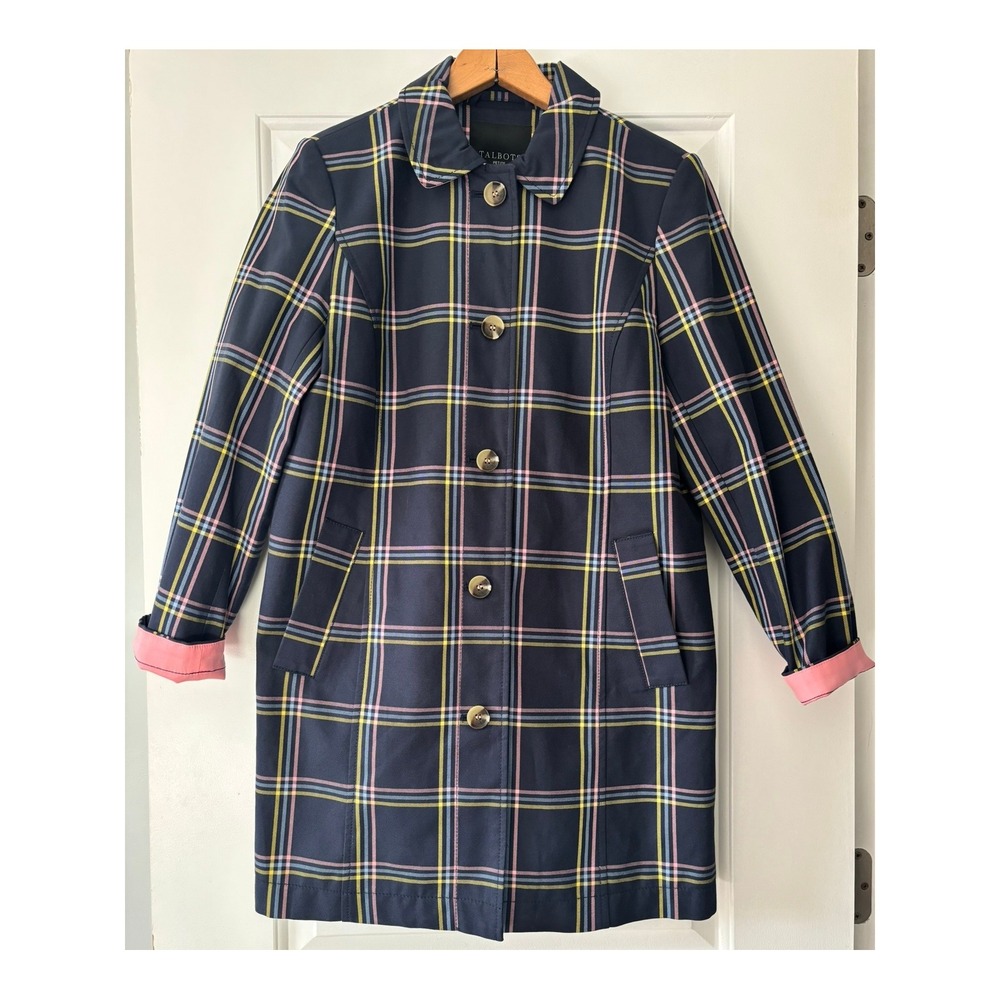Talbots Plaid Trench Coat Women Small Petite Navy Blue Pink Yellow Cotton Jacket